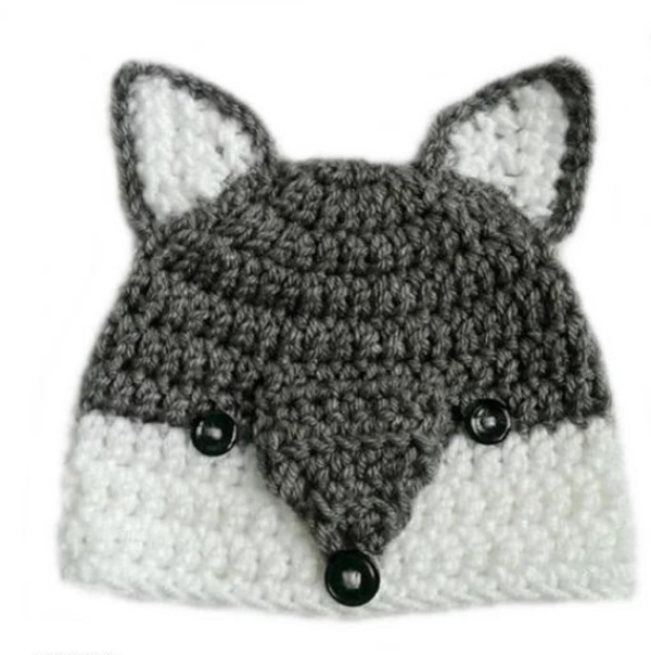 Hand Knitted Woolen Animal Design kids Cap - 0-6 Months, White & Grey, Woolen, Pack of1